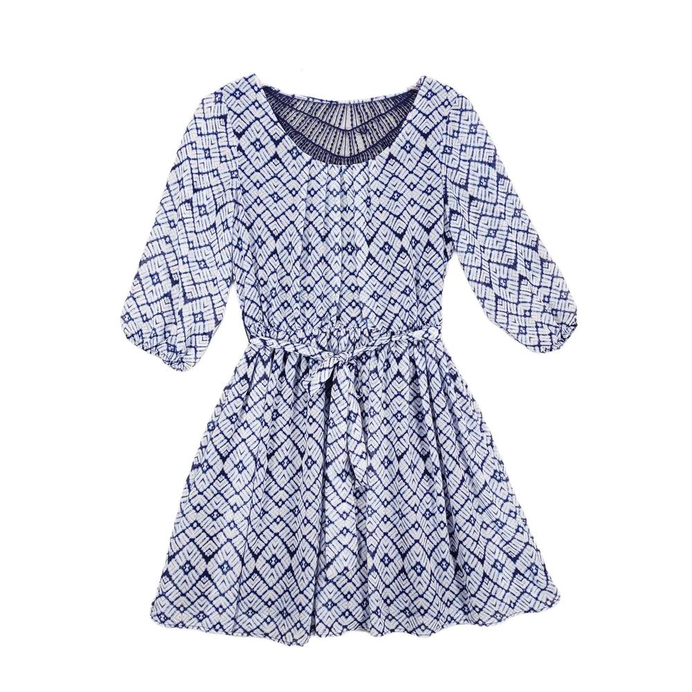 A. BYER Blue Ikat Boho Print Crochet Back Sheer Blouson Mini Dress Puff Sleeve M